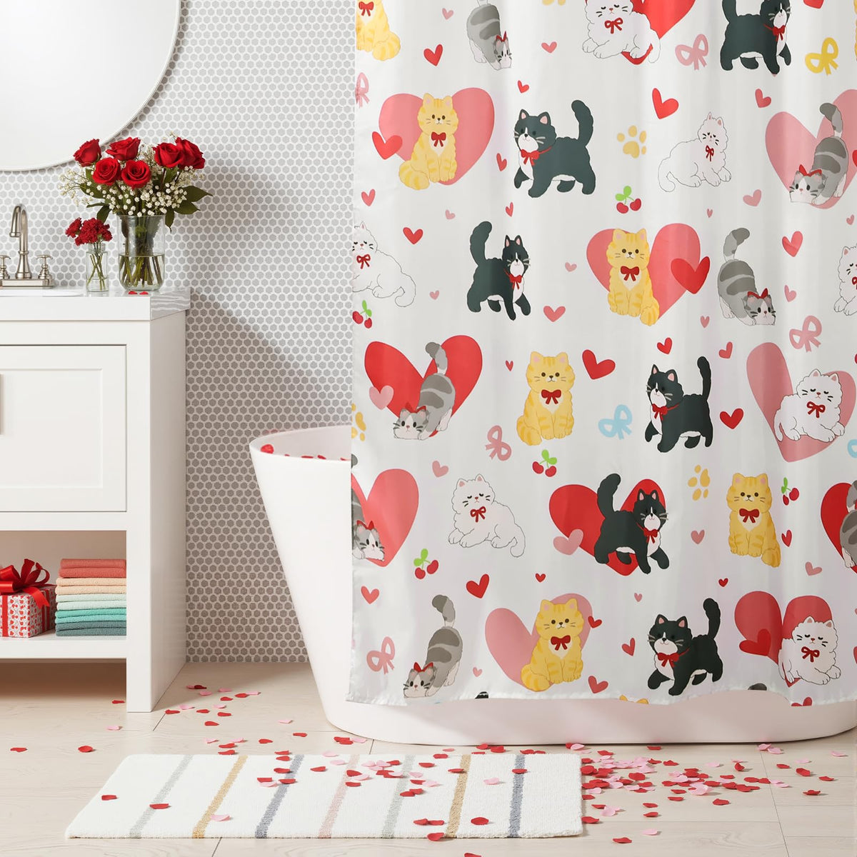 70.8"Valentines Shower Curtain, Valentines Day Decor Cute Cats Hearts Shower Curtain with Hooks