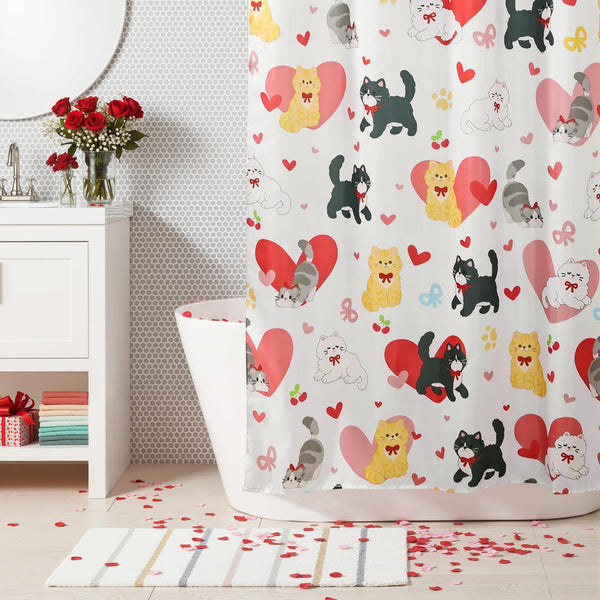 70.8"Valentines Shower Curtain, Valentines Day Decor Cute Cats Hearts Shower Curtain with Hooks