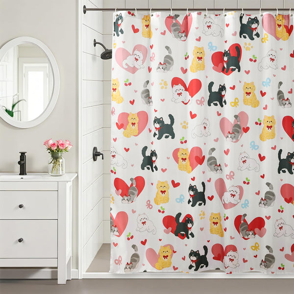 70.8"Valentines Shower Curtain, Valentines Day Decor Cute Cats Hearts Shower Curtain with Hooks