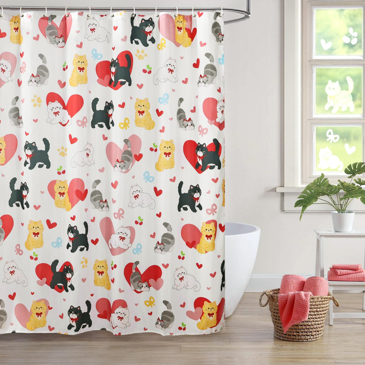 70.8"Valentines Shower Curtain, Valentines Day Decor Cute Cats Hearts Shower Curtain with Hooks