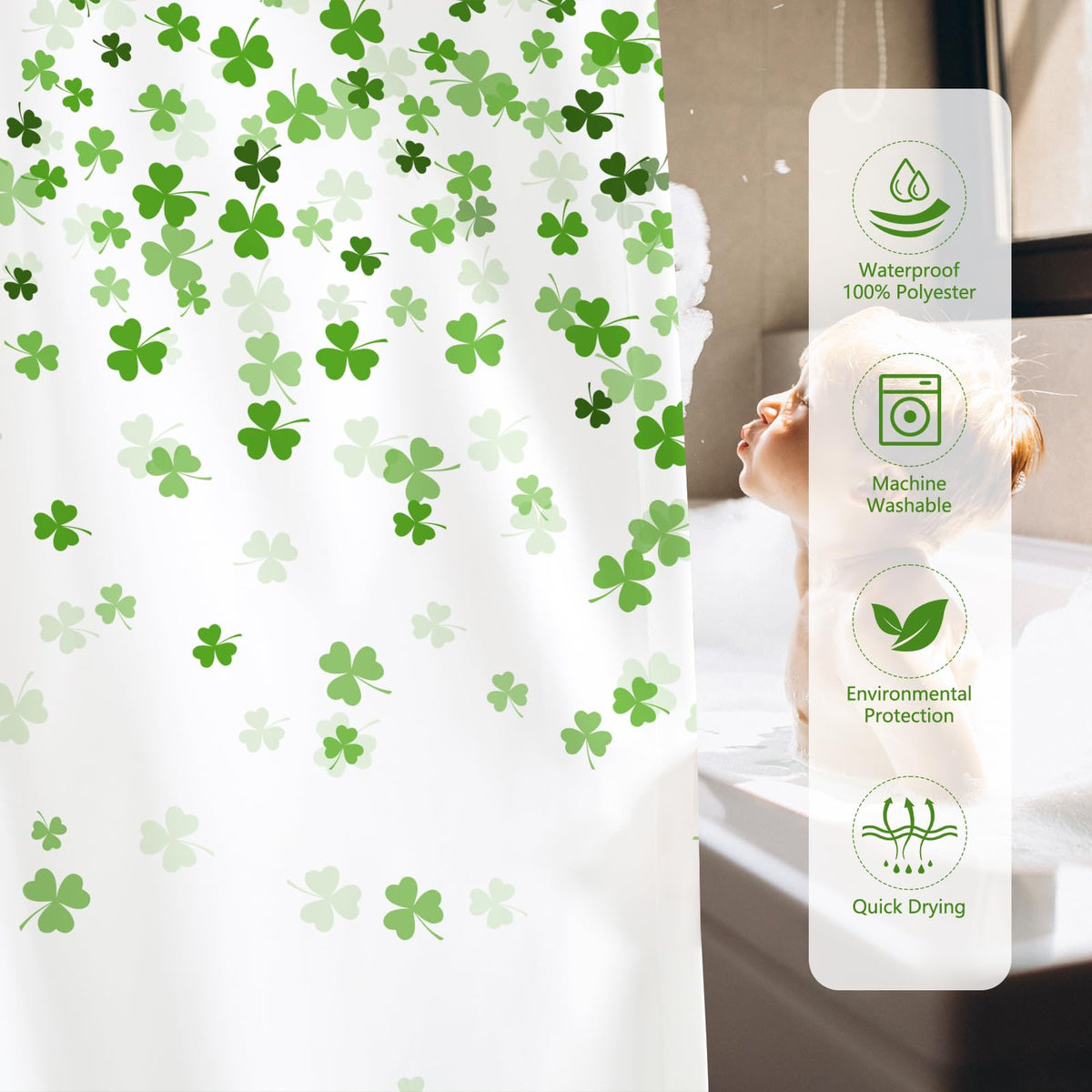 70.8" St. Patrick's Day Clover Shower Curtain Shamrock Waterproof Polyester Bathroom Curtain