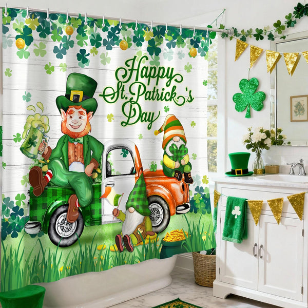 St Patricks Day Shower Curtain, 70.8"Saint Patrick Showers Curtains, Waterproof Shamrock Gnomes Curtain's
