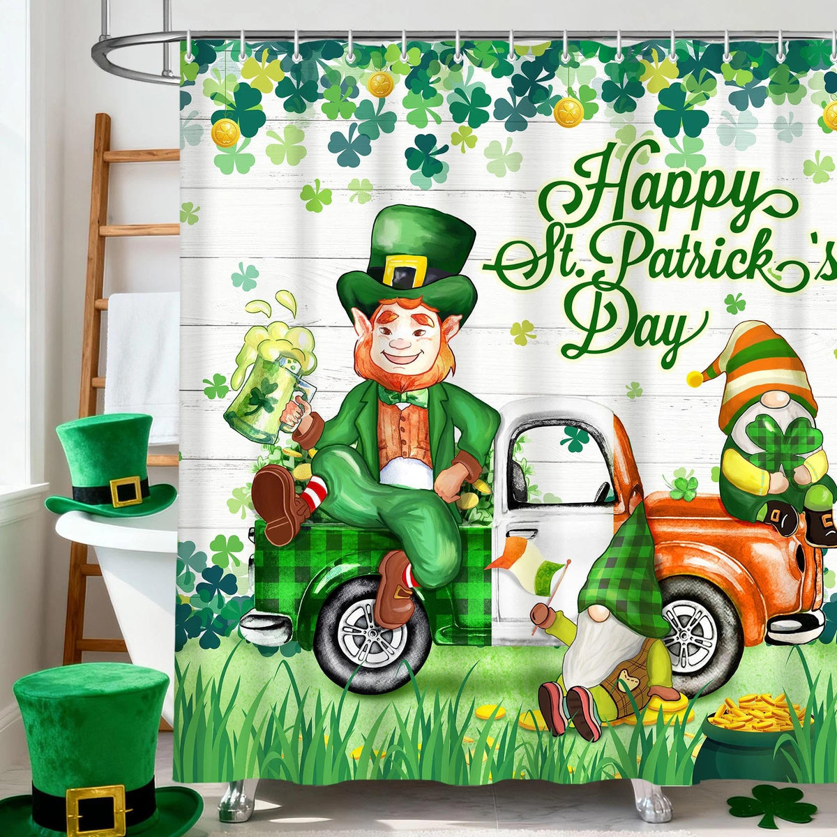 St Patricks Day Shower Curtain, 70.8"Saint Patrick Showers Curtains, Waterproof Shamrock Gnomes Curtain's