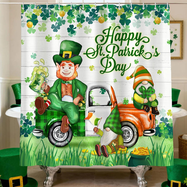 St Patricks Day Shower Curtain, 70.8"Saint Patrick Showers Curtains, Waterproof Shamrock Gnomes Curtain's