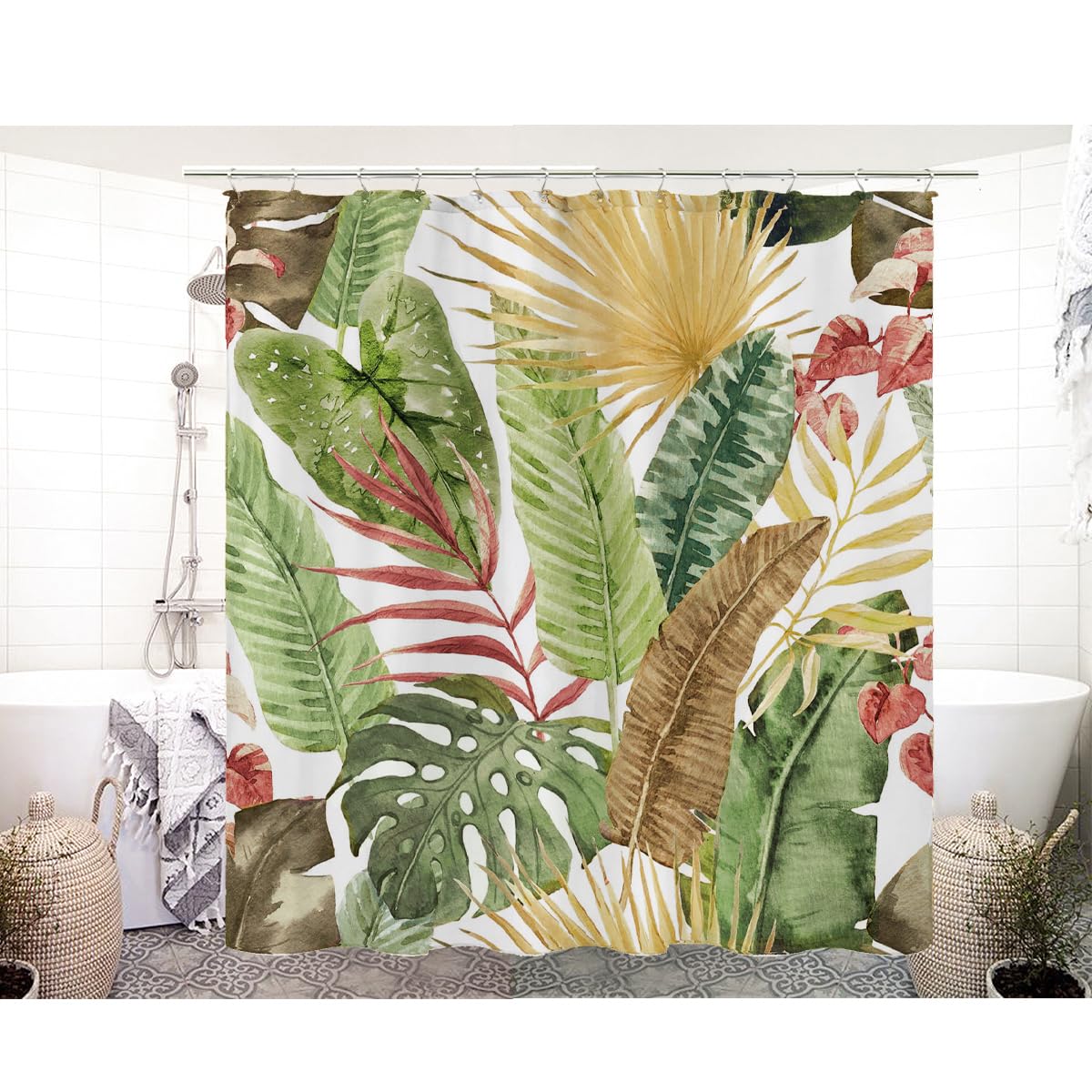 Unique Boho Palm Leaves Theme Shower Curtain with Hooks, 70.8" Bohemian Style Botanical Waterproof Polyester