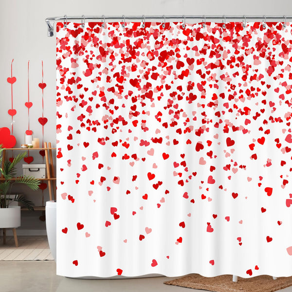Valentine's Day Lovers 70.8" Red Heart Shower Curtain with Hooks, Romantic Fabric Waterproof for Bathroom