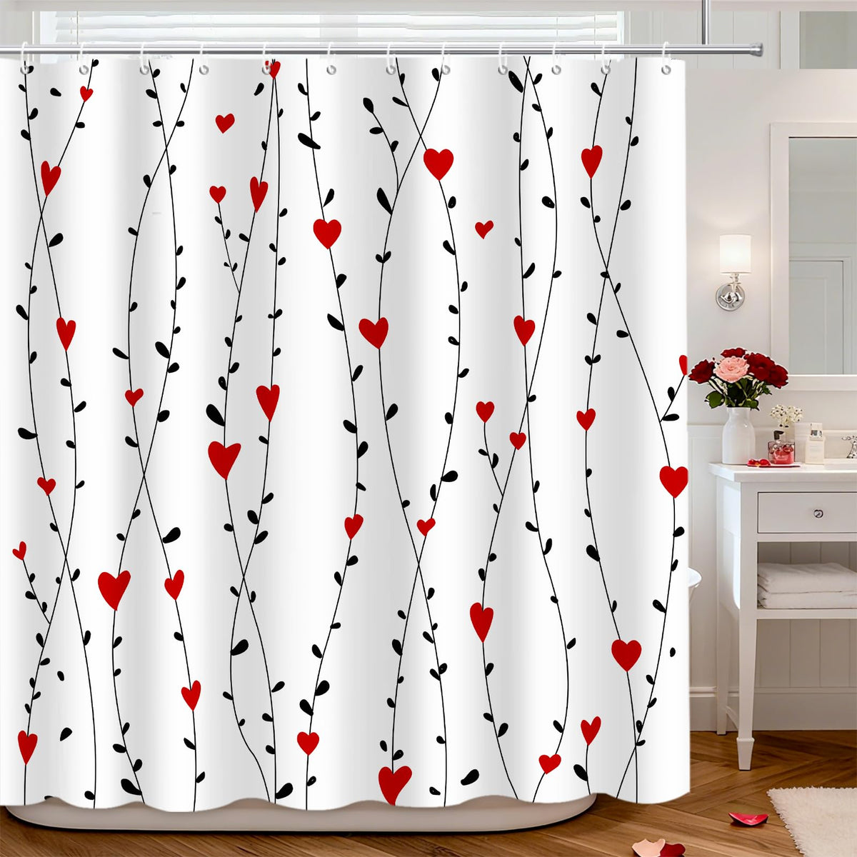 70.8"Valentine's Day Shower Curtain Black Geometric Striped Red Sweet Heart Romantic Couple Shower Curtain