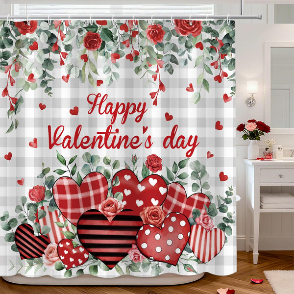 Valentine's Day Shower Curtain Eucalyptus Leaves Plaid Valentines Day, 70.8"Red Heart Romantic Love