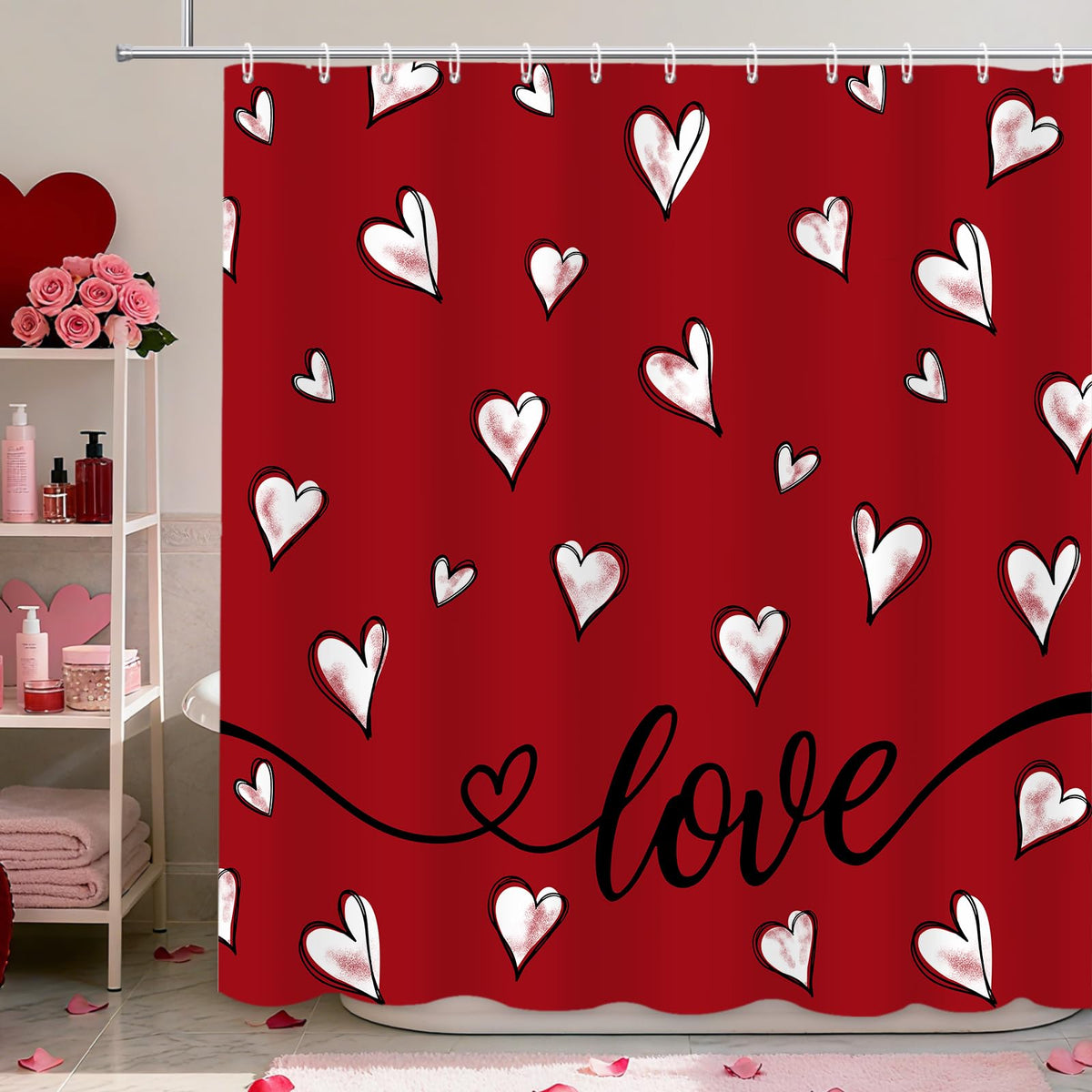 70.8"Valentine's Day Shower Curtain Red Sweet Heart Valentines Day Shower Curtain, Romantic Love Theme
