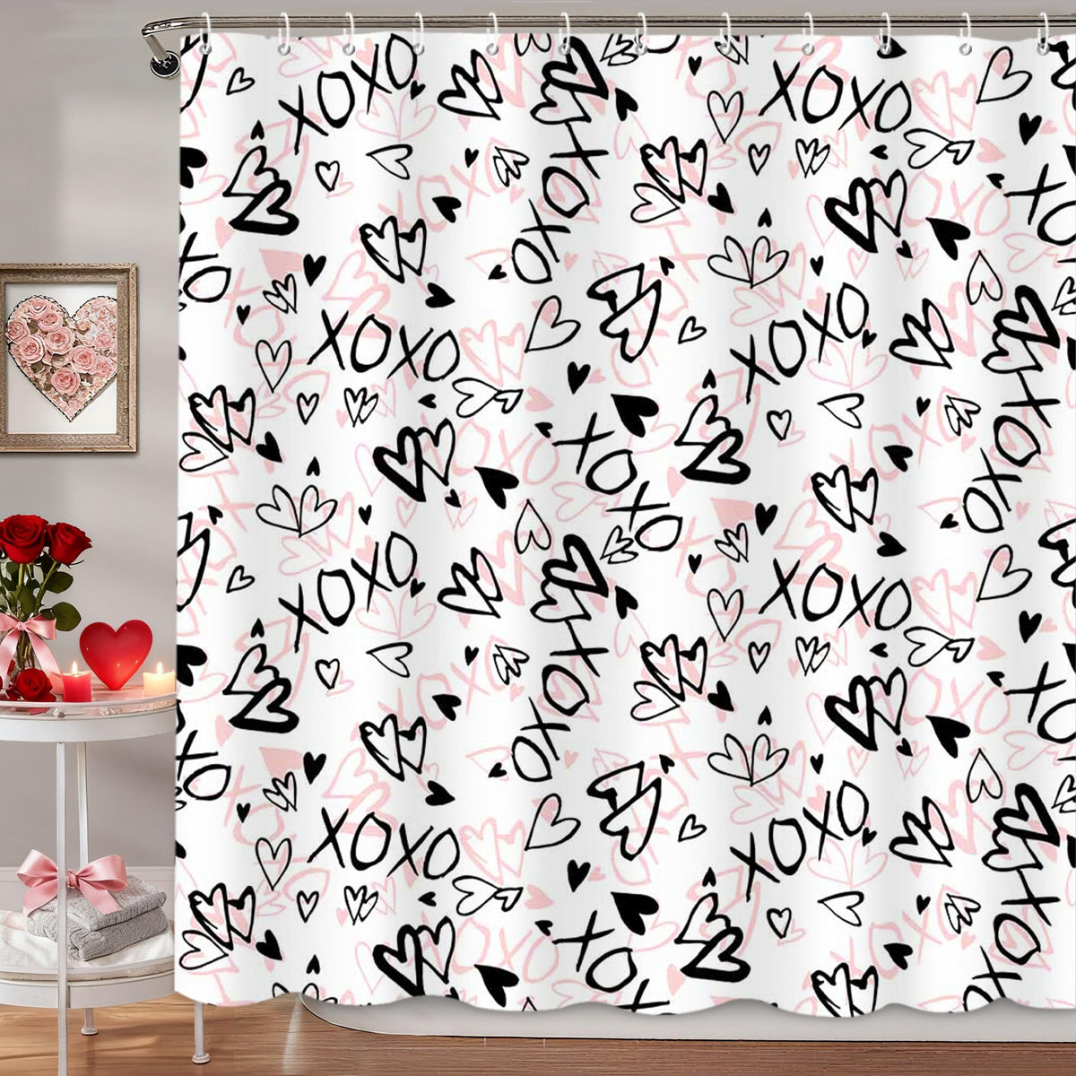 70.8"Valentine's Shower Curtains for Bathroom Love Hearts Shower Curtain XOXO Valentines Curtain Decor
