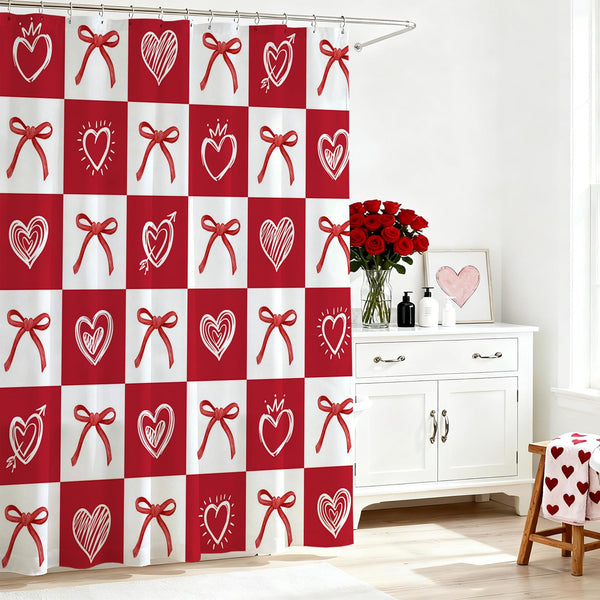 70.8" Valentine Day Shower Curtain for Bathroom Red Heart Bow Shower Curtain for Valentines Day Decorations