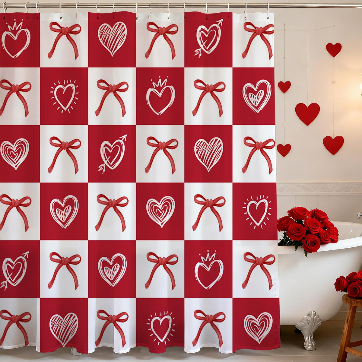 70.8" Valentine Day Shower Curtain for Bathroom Red Heart Bow Shower Curtain for Valentines Day Decorations