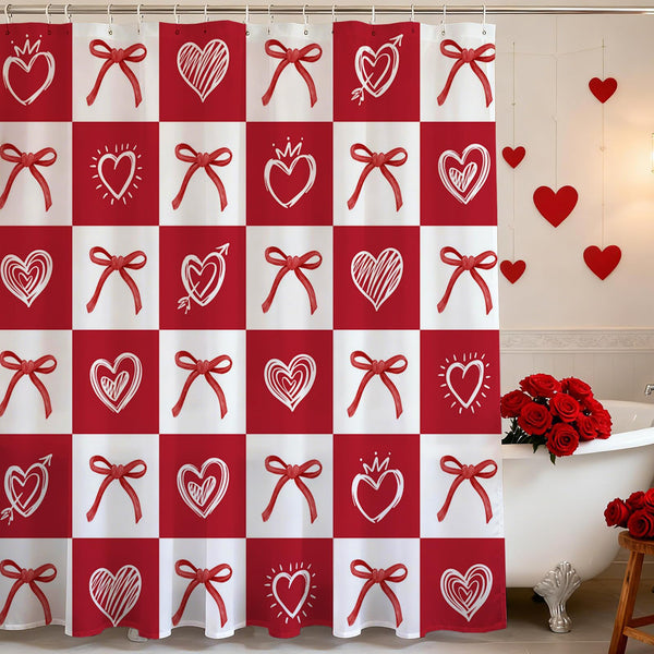 70.8" Valentine Day Shower Curtain for Bathroom Red Heart Bow Shower Curtain for Valentines Day Decorations