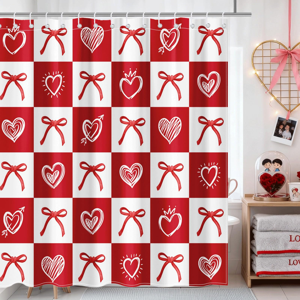 70.8" Valentine Day Shower Curtain for Bathroom Red Heart Bow Shower Curtain for Valentines Day Decorations