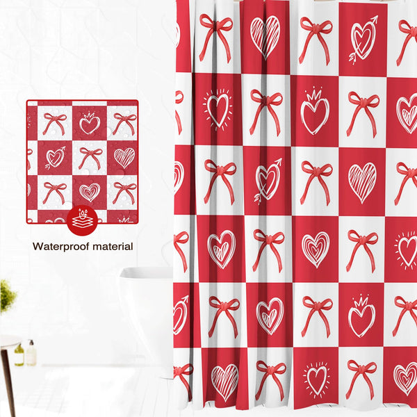 70.8" Valentine Day Shower Curtain for Bathroom Red Heart Bow Shower Curtain for Valentines Day Decorations