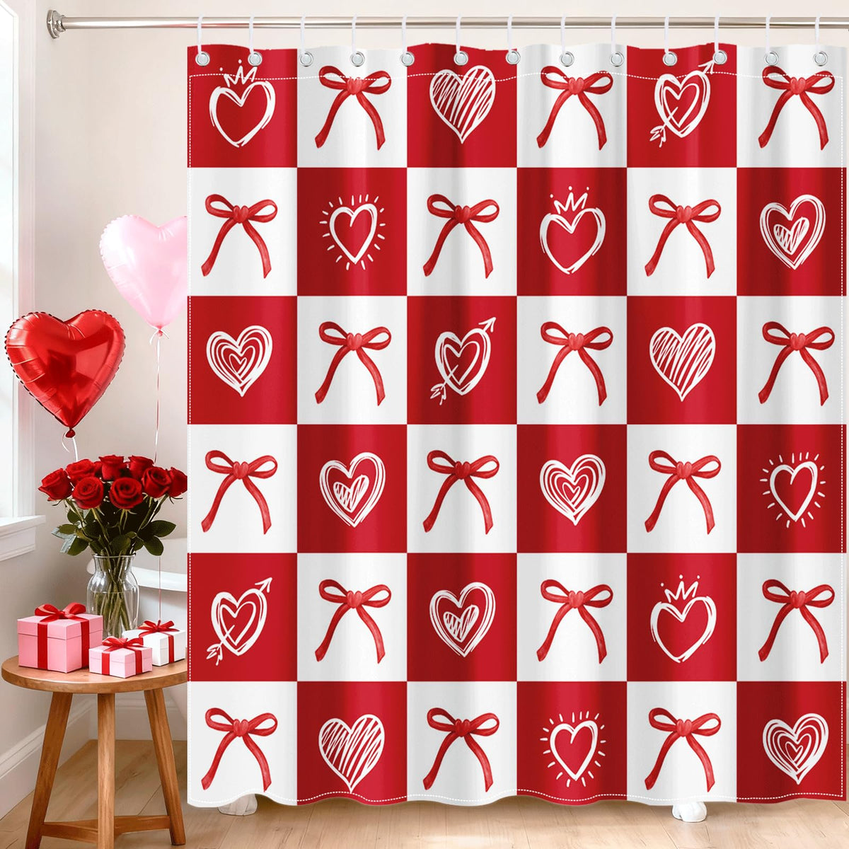 70.8" Valentine Day Shower Curtain for Bathroom Red Heart Bow Shower Curtain for Valentines Day Decorations