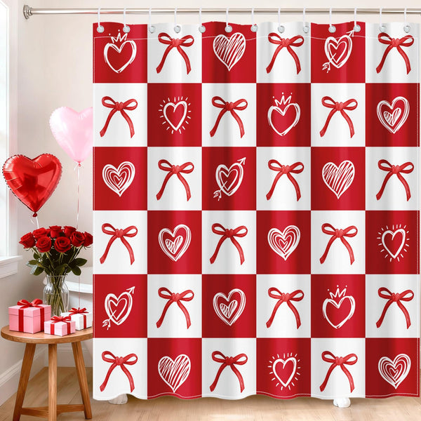 70.8" Valentine Day Shower Curtain for Bathroom Red Heart Bow Shower Curtain for Valentines Day Decorations