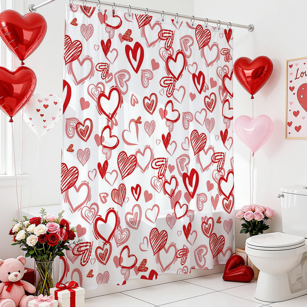 70.8"Valentine Day Shower Curtain Red Sweet Love Heart Shower Curtain for Valentines Day Decorations