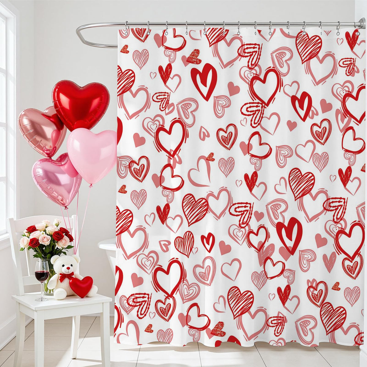70.8"Valentine Day Shower Curtain Red Sweet Love Heart Shower Curtain for Valentines Day Decorations