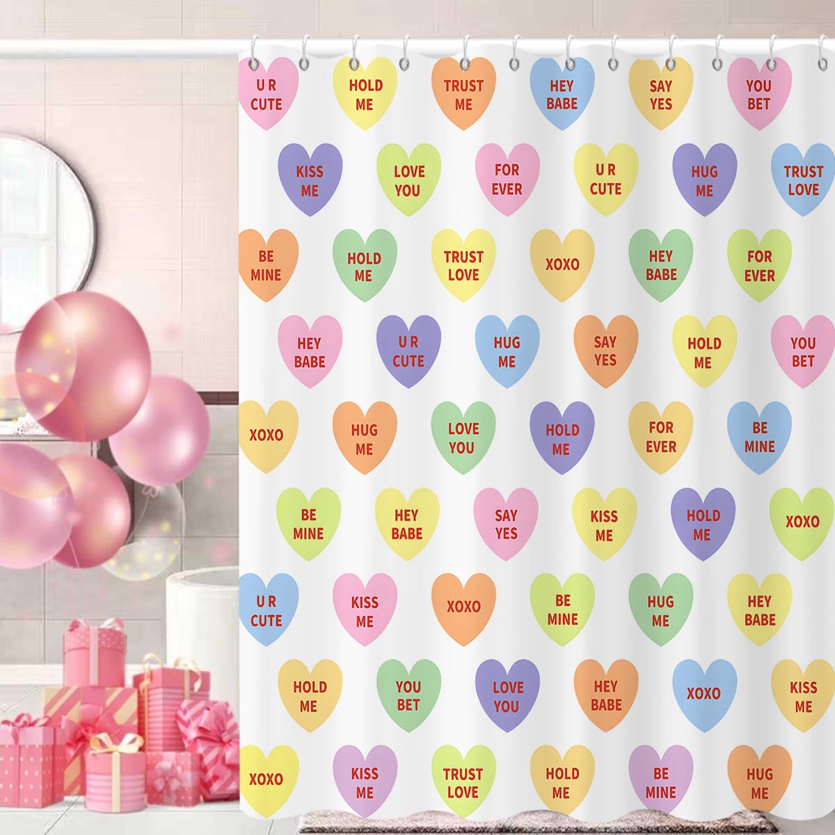 Valentine Shower Curtain, 70.8"Colorful Candy Heart Love Theme Cute Bathroom Curtain Waterproof Polyester Fabric