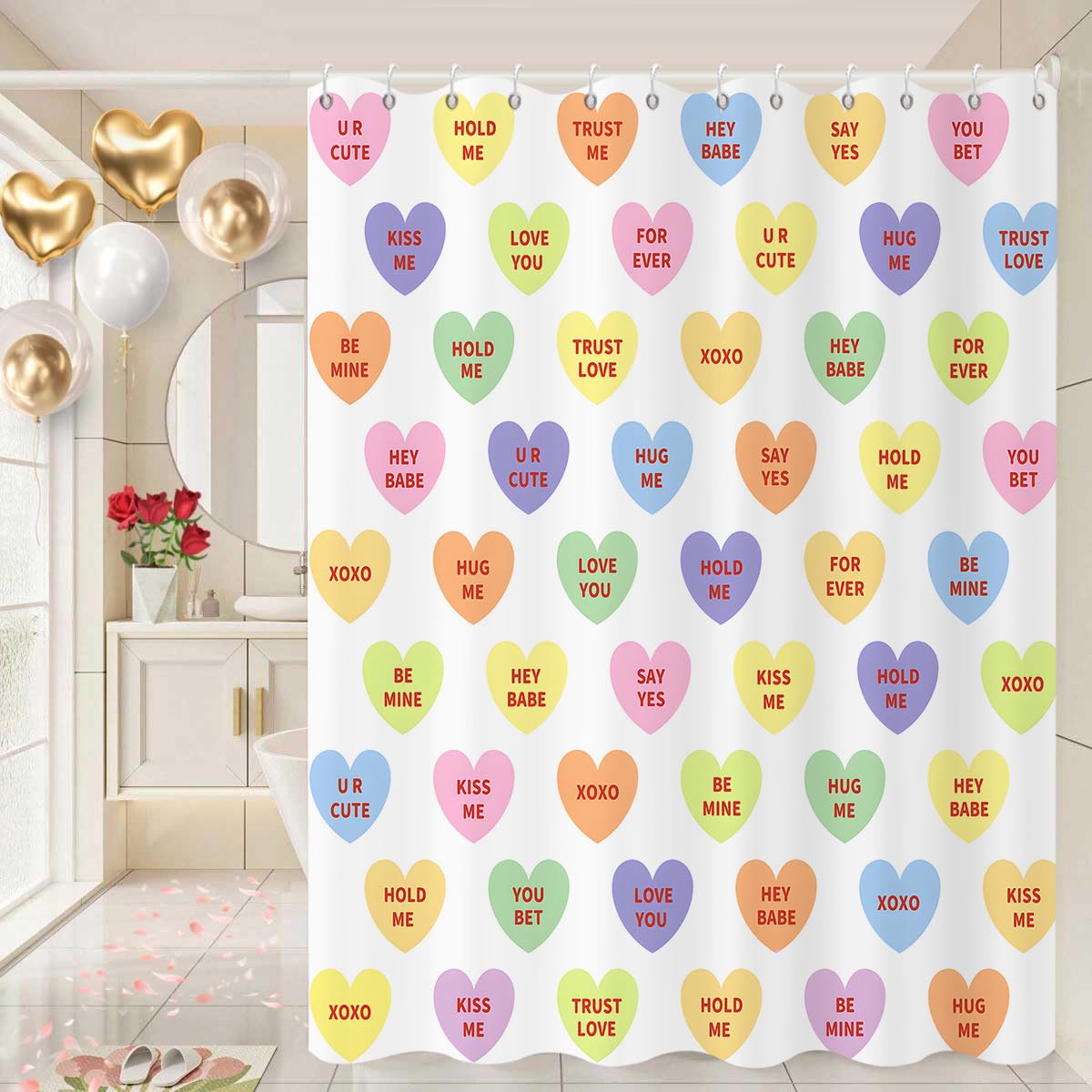 Valentine Shower Curtain, 70.8"Colorful Candy Heart Love Theme Cute Bathroom Curtain Waterproof Polyester Fabric