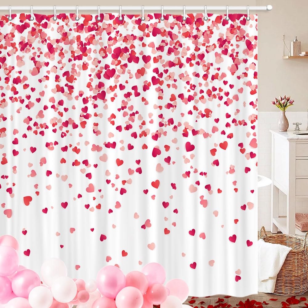 70.8"Valentine Shower Curtain, Romantic Falling Red Hearts Valentines Day Shower Curtain Valentines Bathroom Decor