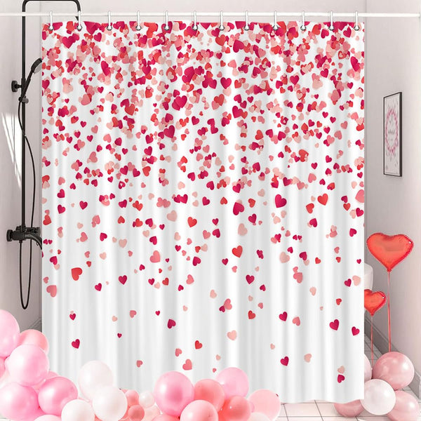 70.8"Valentine Shower Curtain, Romantic Falling Red Hearts Valentines Day Shower Curtain Valentines Bathroom Decor