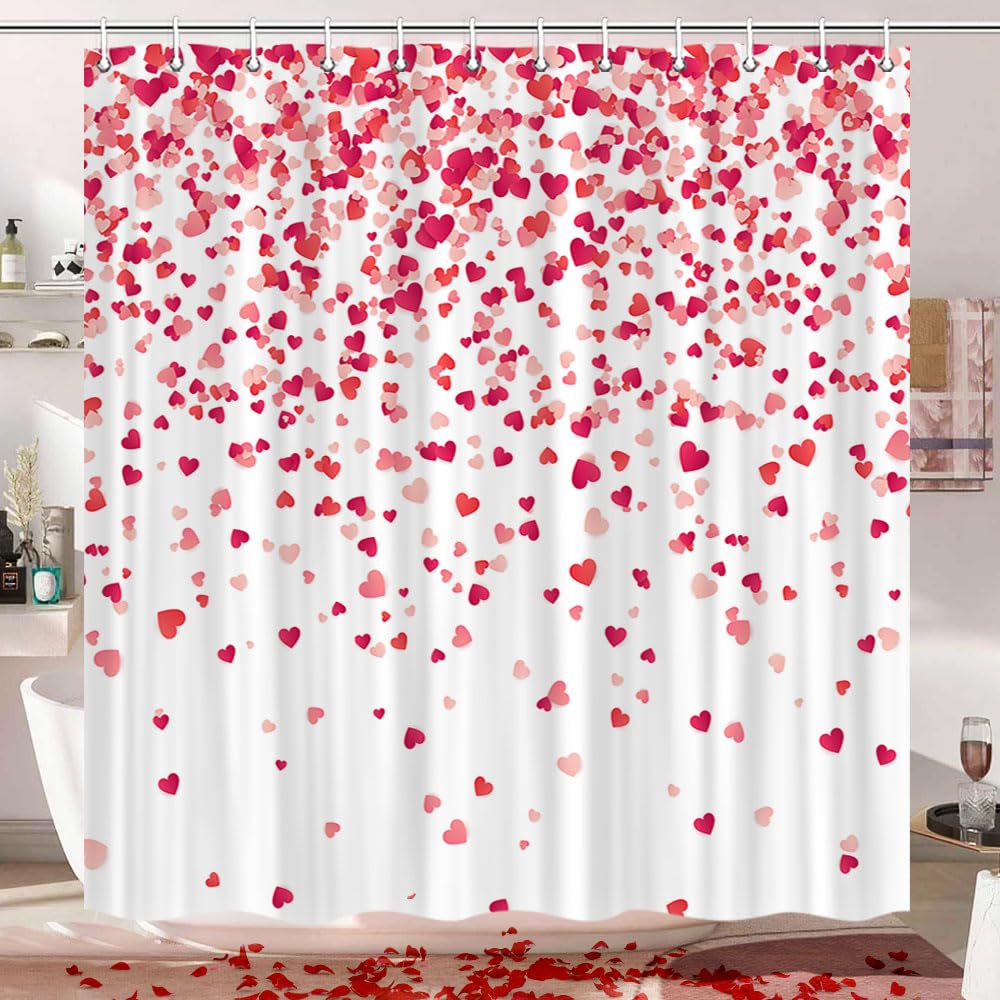 70.8"Valentine Shower Curtain, Romantic Falling Red Hearts Valentines Day Shower Curtain Valentines Bathroom Decor