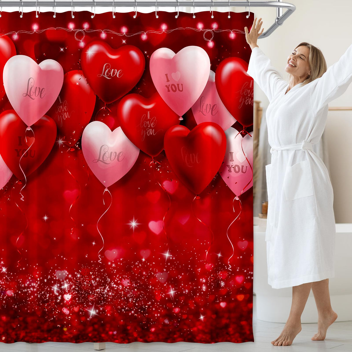 Valentine’s Day Shower Curtain Decorations,70.8" Valentines Romantic Red Pink Love Heart Balloons