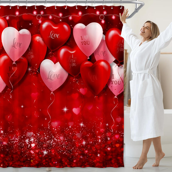 Valentine’s Day Shower Curtain Decorations,70.8" Valentines Romantic Red Pink Love Heart Balloons