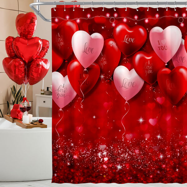 Valentine’s Day Shower Curtain Decorations,70.8" Valentines Romantic Red Pink Love Heart Balloons