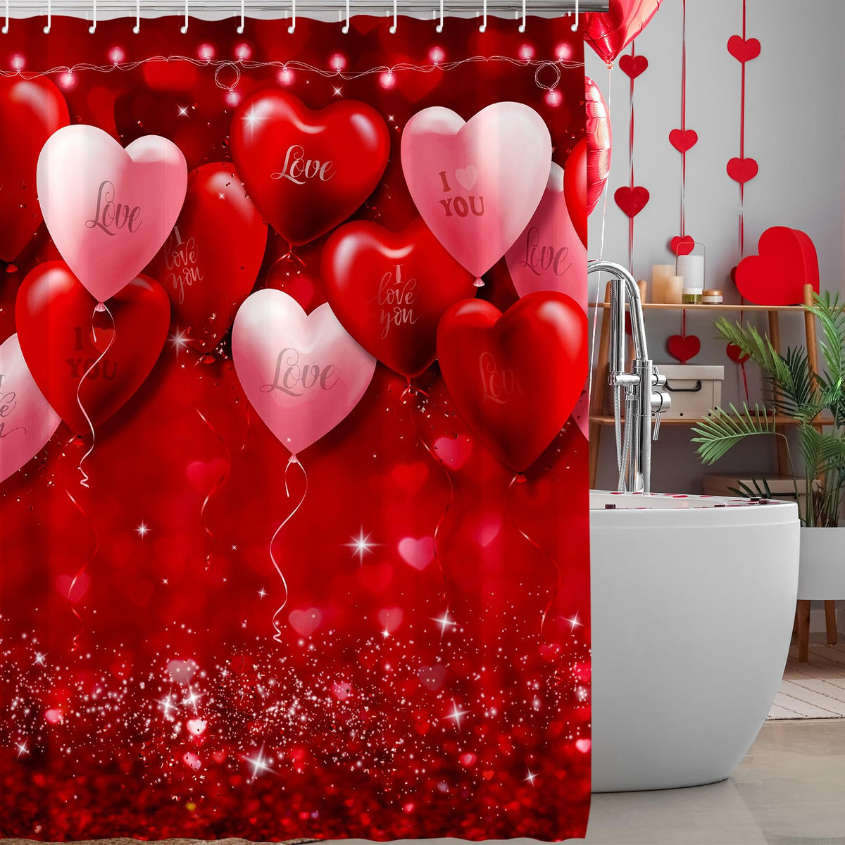 Valentine’s Day Shower Curtain Decorations,70.8" Valentines Romantic Red Pink Love Heart Balloons