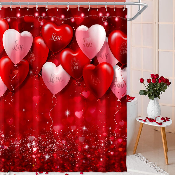 Valentine’s Day Shower Curtain Decorations,70.8" Valentines Romantic Red Pink Love Heart Balloons
