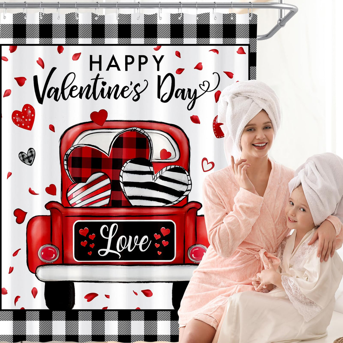 Valentines Check Plaid Shower Curtain, Farmhouse Love Truck Shower Curtain for Bathroom, 70.8"x70.8"