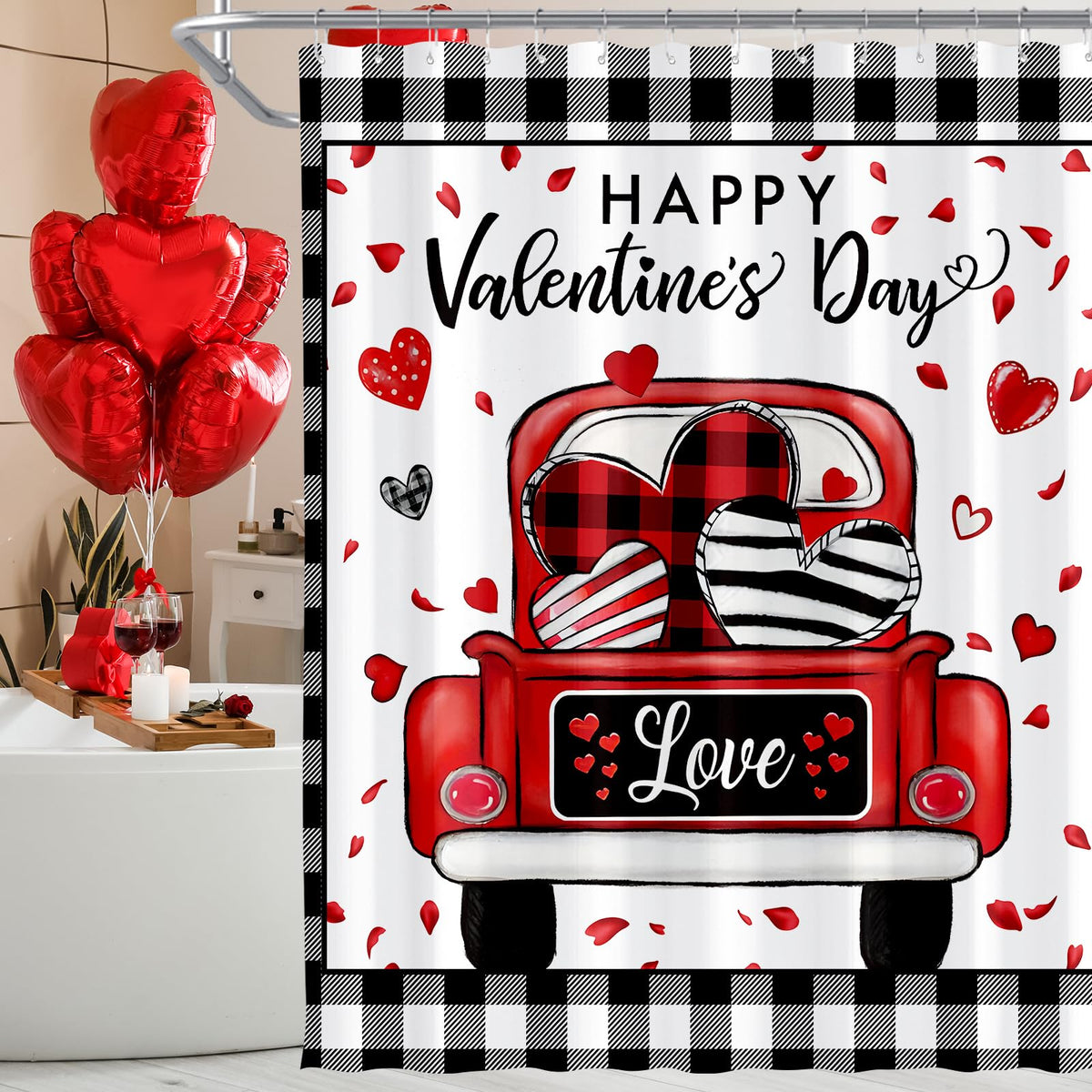 Valentines Check Plaid Shower Curtain, Farmhouse Love Truck Shower Curtain for Bathroom, 70.8"x70.8"