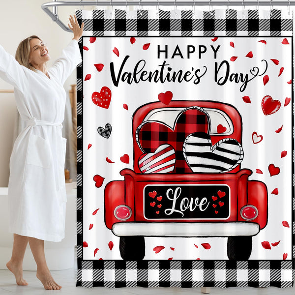 Valentines Check Plaid Shower Curtain, Farmhouse Love Truck Shower Curtain for Bathroom, 70.8"x70.8"
