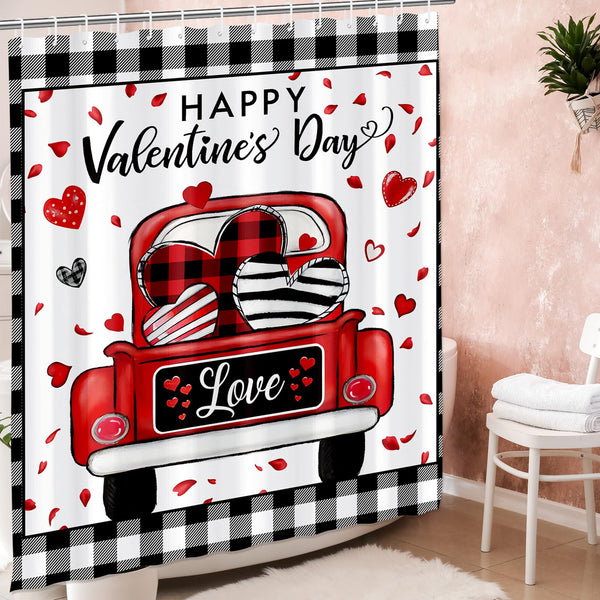 Valentines Check Plaid Shower Curtain, Farmhouse Love Truck Shower Curtain for Bathroom, 70.8"x70.8"