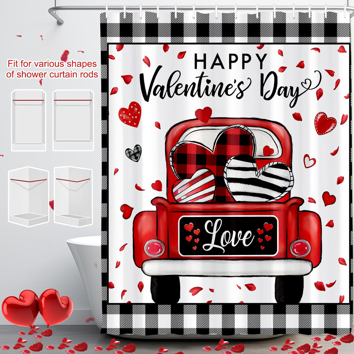 Valentines Check Plaid Shower Curtain, Farmhouse Love Truck Shower Curtain for Bathroom, 70.8"x70.8"