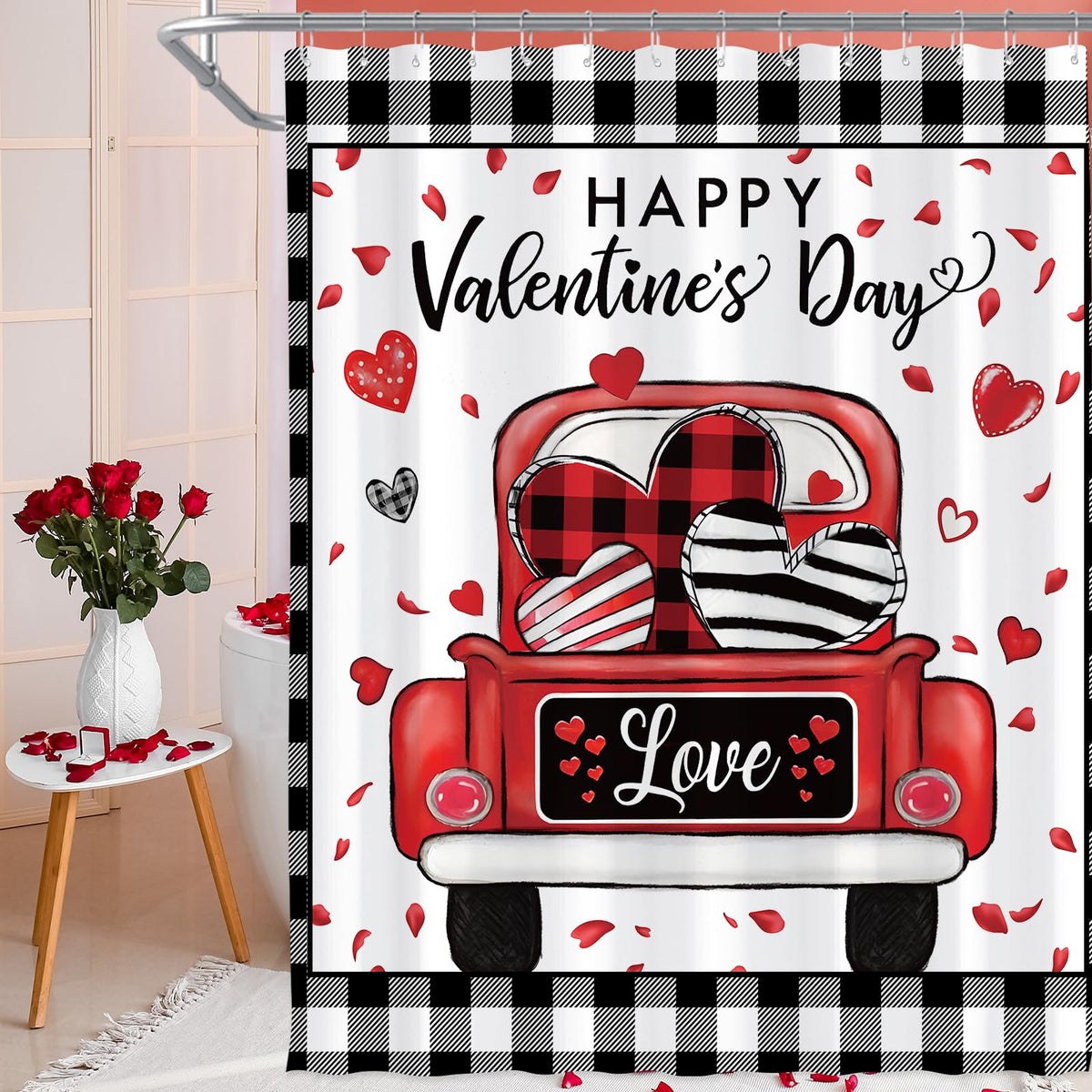 Valentines Check Plaid Shower Curtain, Farmhouse Love Truck Shower Curtain for Bathroom, 70.8"x70.8"