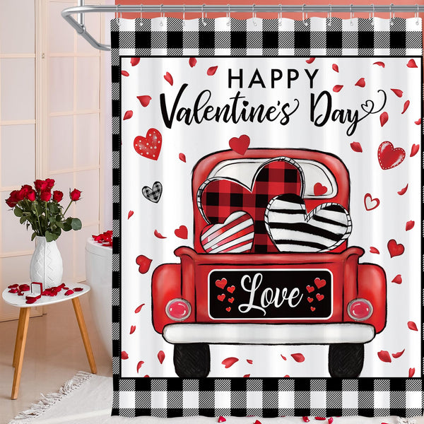 Valentines Check Plaid Shower Curtain, Farmhouse Love Truck Shower Curtain for Bathroom, 70.8"x70.8"