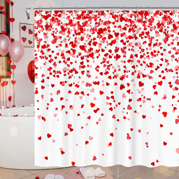 Valentine's Day Lovers 70.8" Red Heart Shower Curtain with Hooks, Romantic Fabric Waterproof for Bathroom