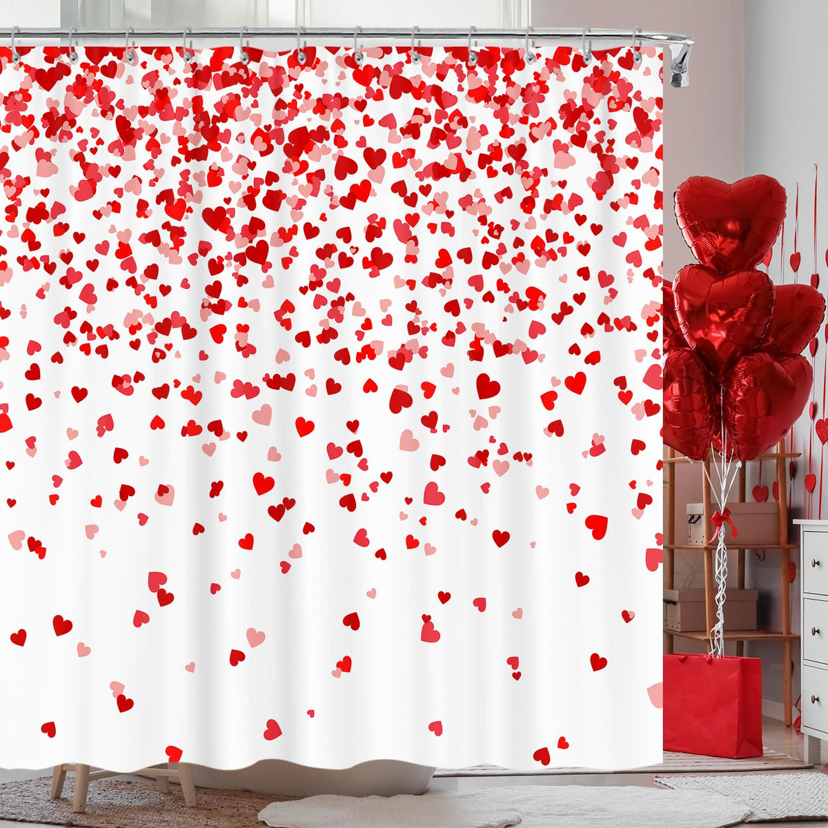 Valentine's Day Lovers 70.8" Red Heart Shower Curtain with Hooks, Romantic Fabric Waterproof for Bathroom