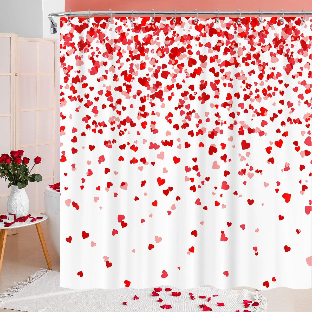 Valentine's Day Lovers 70.8" Red Heart Shower Curtain with Hooks, Romantic Fabric Waterproof for Bathroom