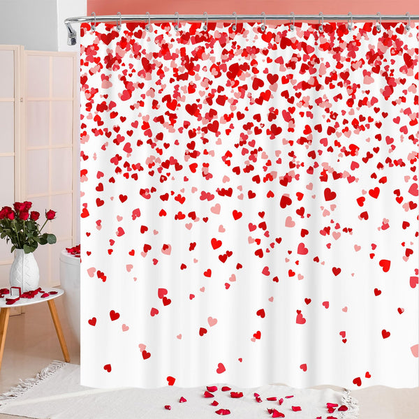 Valentine's Day Lovers 70.8" Red Heart Shower Curtain with Hooks, Romantic Fabric Waterproof for Bathroom