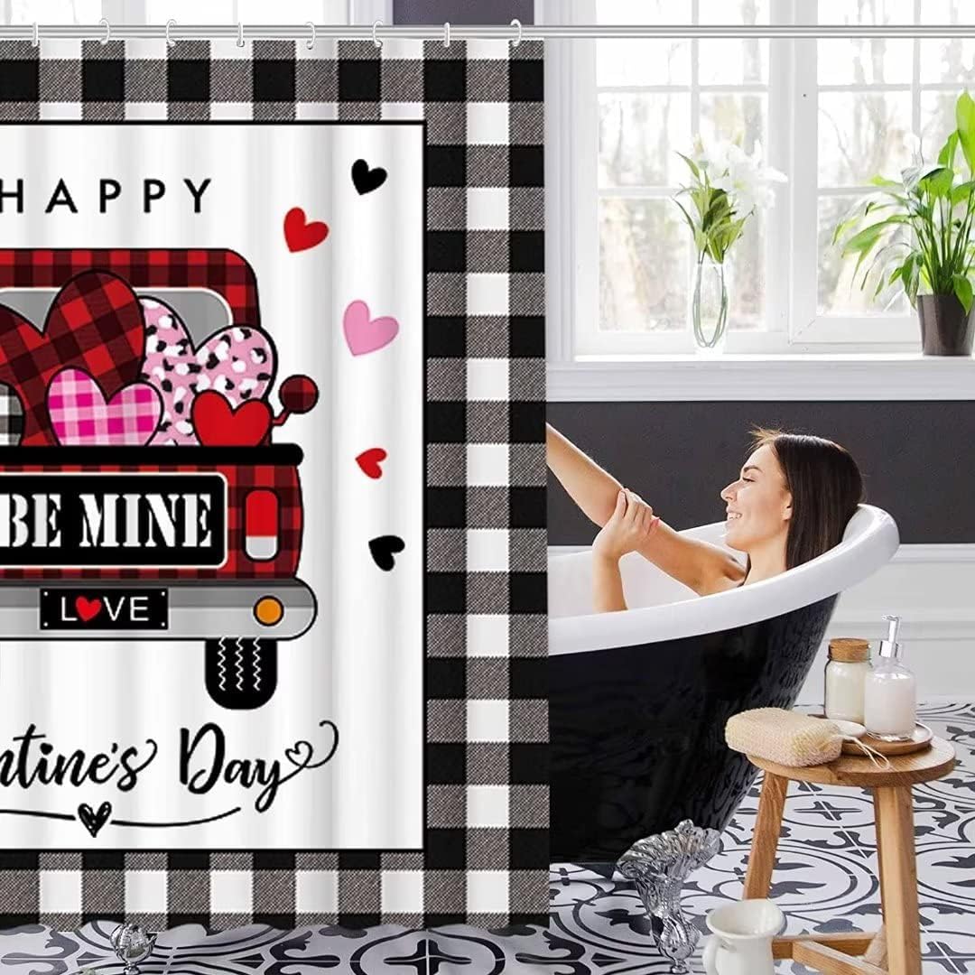 70.8"Valentine's Day Love and Car Shower Curtain Set for Bathroom, Waterproof Polyester Bathtub Decor