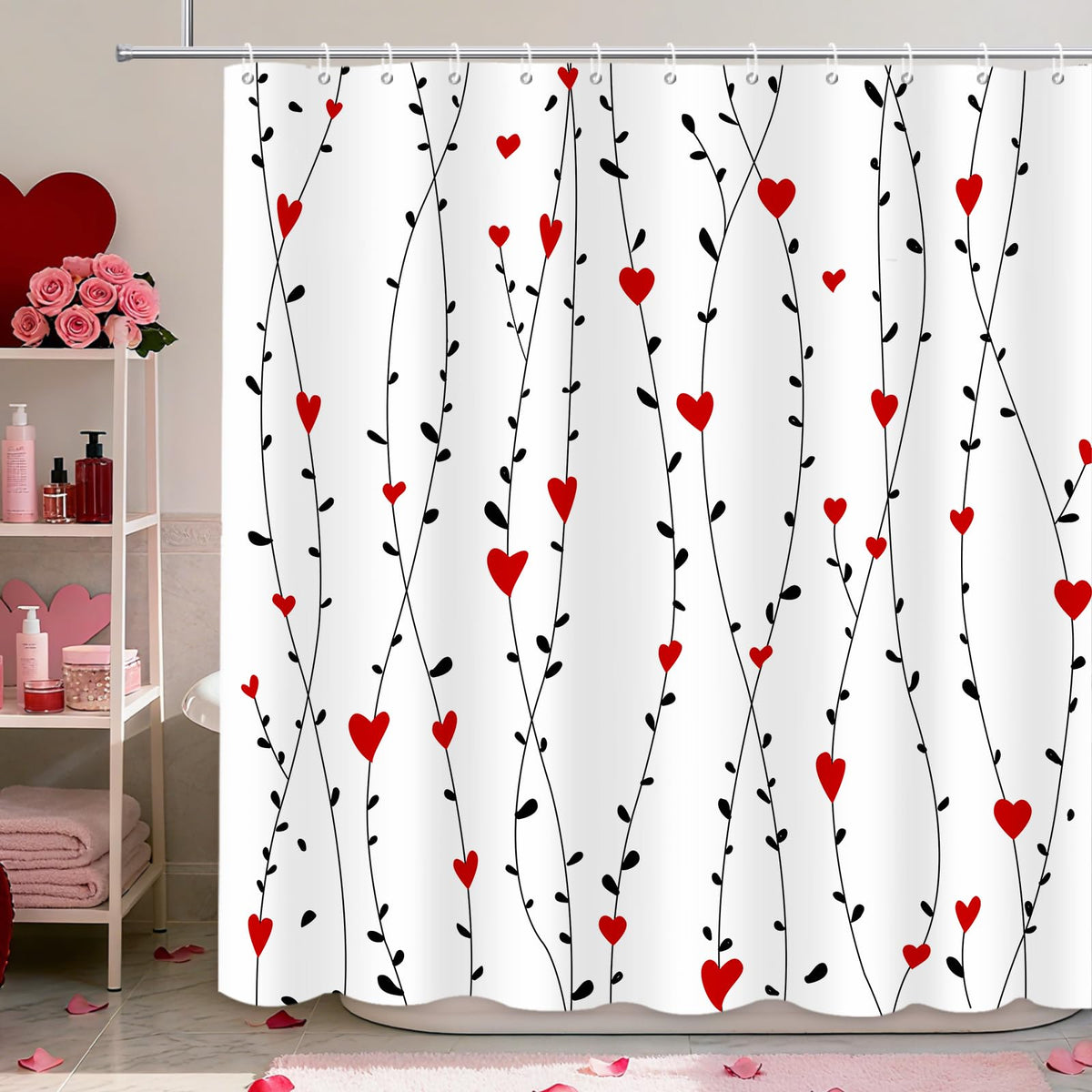 70.8"Valentine's Day Shower Curtain Black Geometric Striped Red Sweet Heart Romantic Couple Shower Curtain