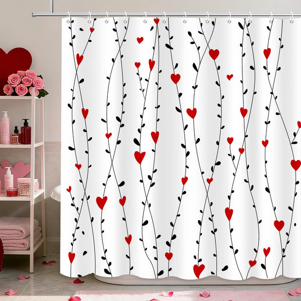 70.8"Valentine's Day Shower Curtain Black Geometric Striped Red Sweet Heart Romantic Couple Shower Curtain