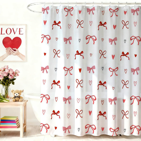 Valentines Day Shower Curtain Bow Love Hearts Cute Romantic Bathroom Shower Curtain, 70.8"x70.8"