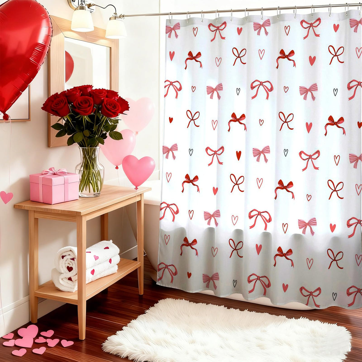 Valentines Day Shower Curtain Bow Love Hearts Cute Romantic Bathroom Shower Curtain, 70.8"x70.8"