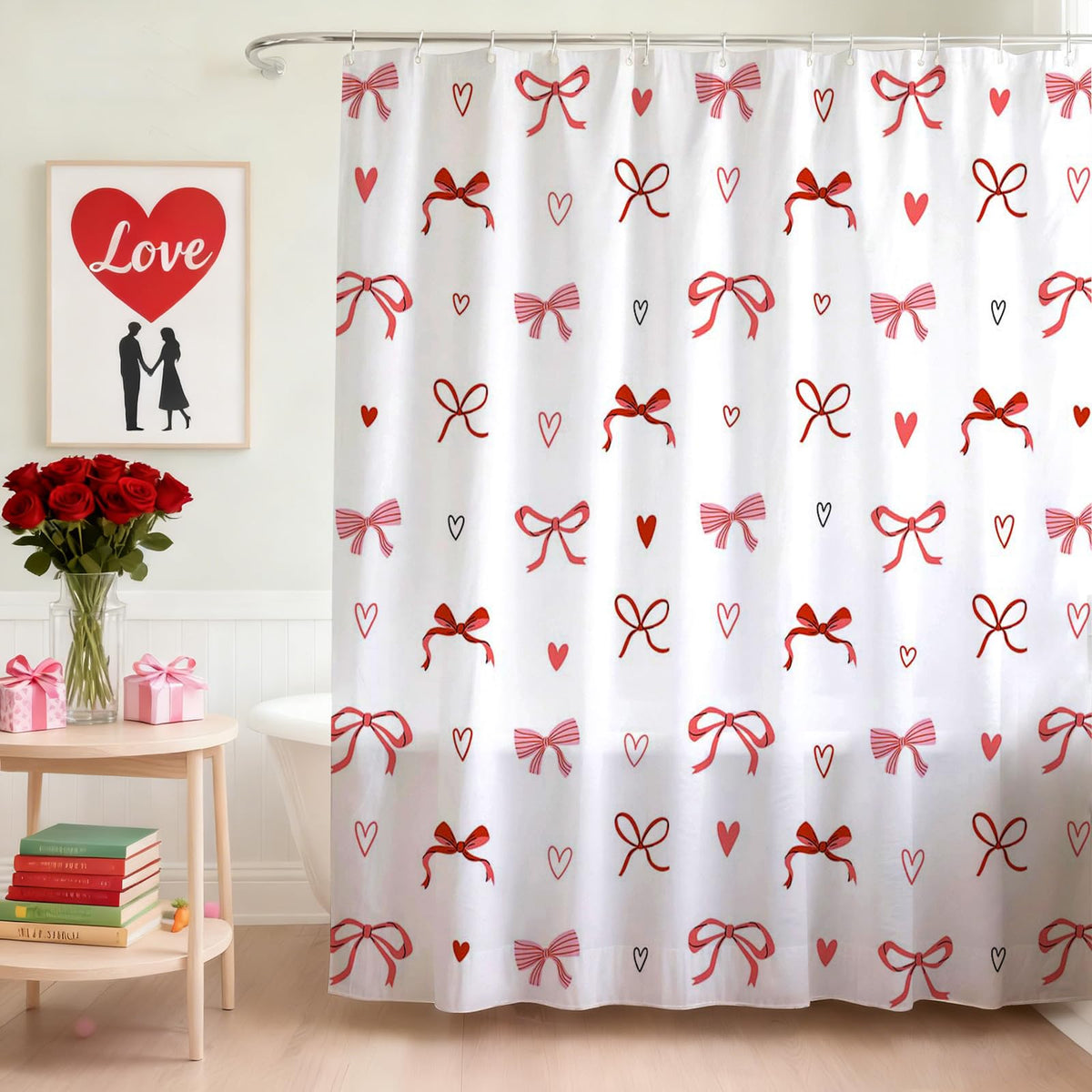 Valentines Day Shower Curtain Bow Love Hearts Cute Romantic Bathroom Shower Curtain, 70.8"x70.8"
